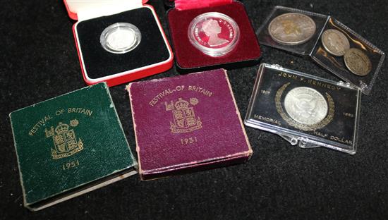 1890 Morgan silver dollar, 1964 Kennedy Memorial half dollar, 2  1951 Festival of Britain Crowns, Piedfort £1, Canada silver dollar etc